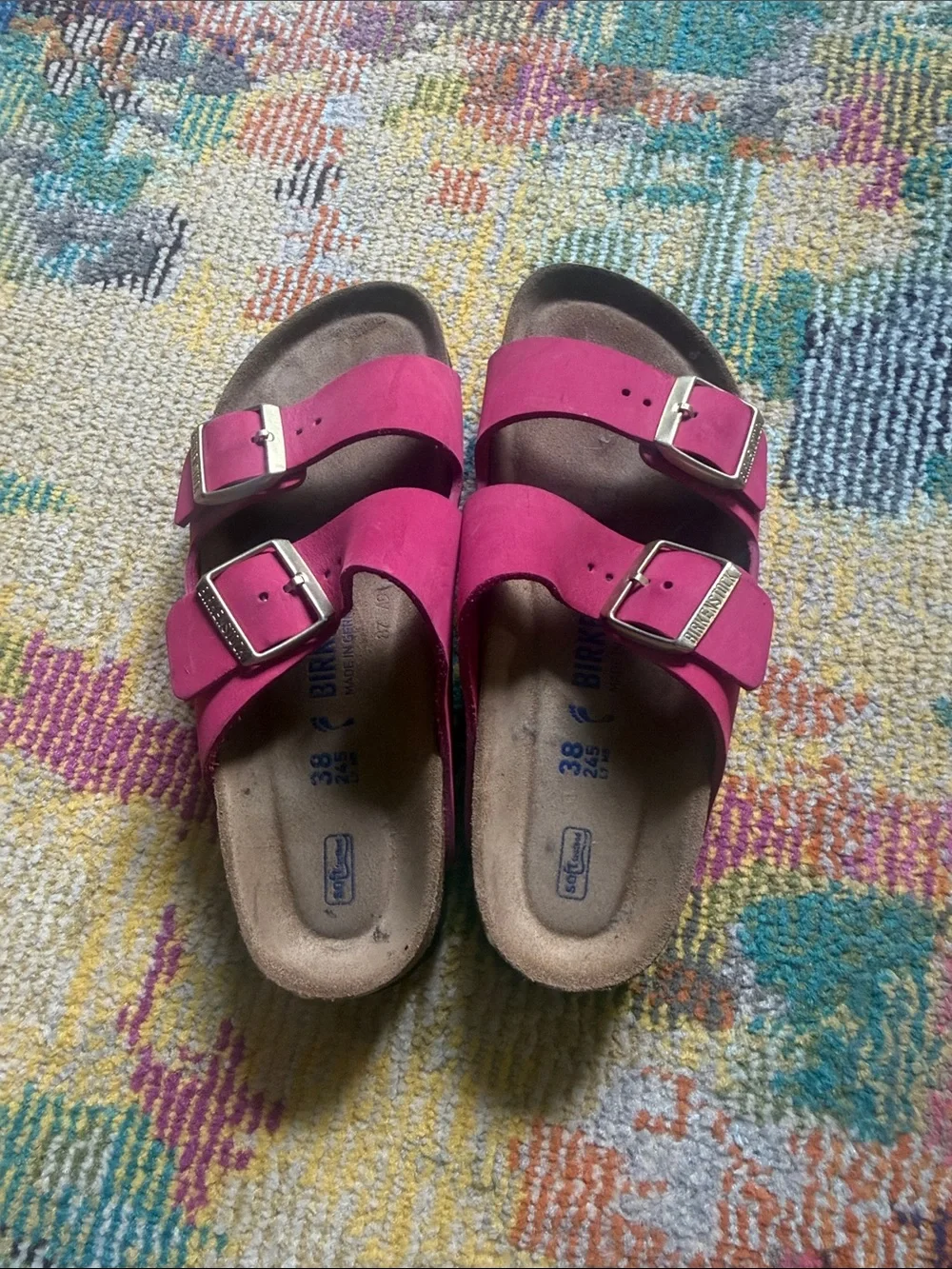 Birkenstock Kids Two-Strap Sandals in Hot Pink with Gold Buckles